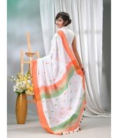 Women's Pure Cotton Handloom Flag Colour Saree Orange, White and Green 