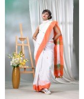 Women's Pure Cotton Handloom Flag Colour Saree Orange, White and Green 