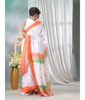 Women's Pure Cotton Handloom Flag Colour Saree Orange, White and Green 