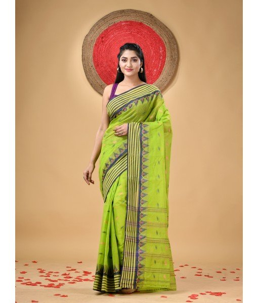  Handloom Cotton Saree Mina Pyramid Woven Designer Without Blouse Piece (Green)