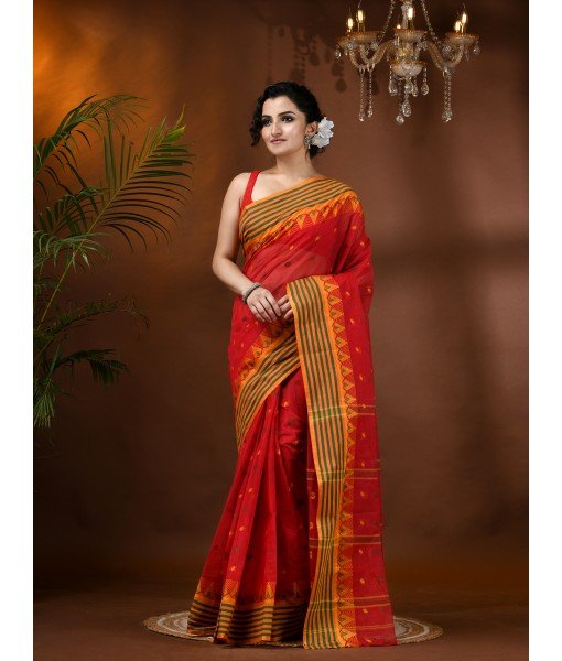  Handloom Cotton Saree Mina Pyramid Woven Designer Without Blouse Piece (Red)