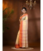  Handloom Cotton Saree Mina Pyramid Woven Designer Without Blouse Piece (Cream)