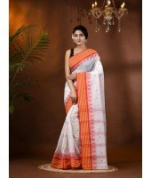  Handloom Cotton Saree Mina Pyramid Woven Designer Without Blouse Piece (White)