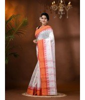  Handloom Cotton Saree Mina Pyramid Woven Designer Without Blouse Piece (White)