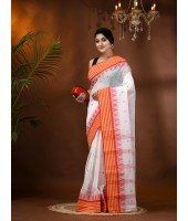  Handloom Cotton Saree Mina Pyramid Woven Designer Without Blouse Piece (White)