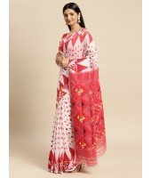 Moti Dhakai jamdani Bengal Pure Cotton Saree Whole Body Design without Blouse Piece (White Red)