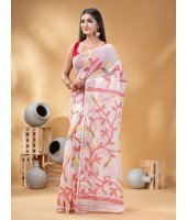 Muslin Resham Dhakai jamdani Bengal Pure Cotton Handloom Saree without Blouse Piece(Red)