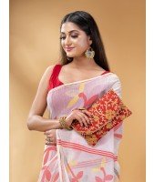 Muslin Resham Dhakai jamdani Bengal Pure Cotton Handloom Saree without Blouse Piece(Red)