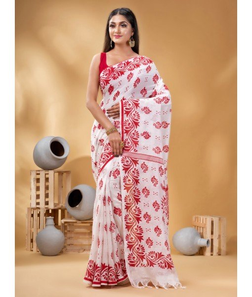 Cotton Saree Nabapatrika Design Handloom Saree with Blouse Piece (Red 