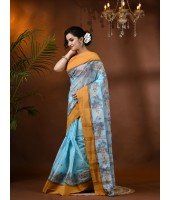  Handloom Cotton Saree Padmakshi Woven Designer Without Blouse Piece (Light Blue)