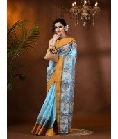  Handloom Cotton Saree Padmakshi Woven Designer Without Blouse Piece (Light Blue)