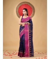 Traditional Pure Handloom Cotton Saree Padmo Woven Design Without Blouse Piece(Deep Blue)