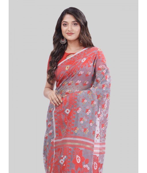 Women`s Phulkari Resham Dhakai jamdani Bengal Pure Cotton Handloom Saree Whole Body Design without Blouse Piece (Grey Red)