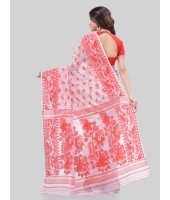 DESH BIDESH Women`s Phulkari Resham Dhakai jamdani Bengal Pure Cotton Handloom Saree Whole Body Design without Blouse Piece (Red White)