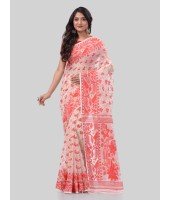 DESH BIDESH Women`s Phulkari Resham Dhakai jamdani Bengal Pure Cotton Handloom Saree Whole Body Design without Blouse Piece (Orange White)