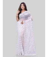 DESH BIDESH Women`s Phulkari Resham Dhakai jamdani Bengal Pure Cotton Handloom Saree Whole Body Design without Blouse Piece (White)