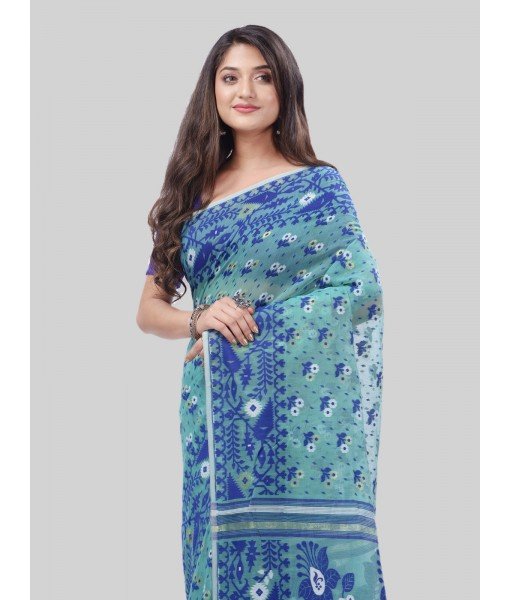 DESH BIDESH Women`s Phulkari Resham Dhakai jamdani Bengal Pure Cotton Handloom Saree Whole Body Design without Blouse Piece (Firoza Blue)