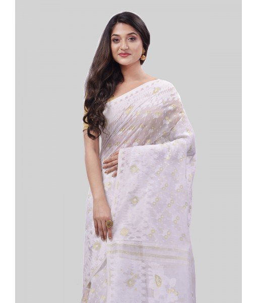 DESH BIDESH Women`s Phulkari Resham Dhakai jamdani Bengal Pure Cotton Handloom Saree Whole Body Design without Blouse Piece (Off White)