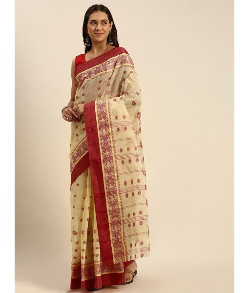 Bengal Phulkoli Woven Design Pure Handloom Cotton Saree Without Blouse Piece (Cream red)