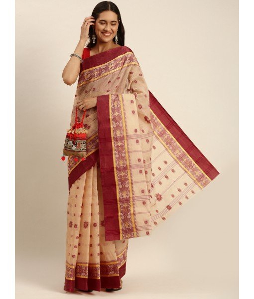 Bengal Phulkoli Woven Design Pure Handloom Cotton Saree Without Blouse Piece (Raddish White Red)