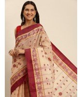 Bengal Phulkoli Woven Design Pure Handloom Cotton Saree Without Blouse Piece (Raddish White Red)