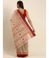 Bengal Phulkoli Woven Design Pure Handloom Cotton Saree Without Blouse Piece (Raddish White Red)