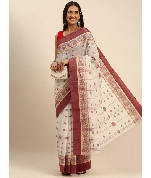 Traditional Bengal Phulkoli Woven Design Pure Handloom Cotton Saree Without Blouse Piece (Red White)