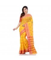 dB DESH BIDESH Women`s Bengal Tant Potrobinnas Pure Handloom Cotton Saree Without Blouse Piece (Yellow-1)