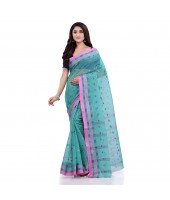 Women`s Traditional Pure Cotton Handloom Saree Chotushkone Woven Designer Without Blouse Piece(Firoza)