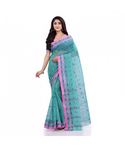 Women`s Traditional Pure Cotton Handloom Saree Chotushkone Woven Designer Without Blouse Piece(Firoza)