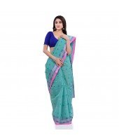 Women`s Traditional Pure Cotton Handloom Saree Chotushkone Woven Designer Without Blouse Piece(Firoza)