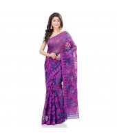 dB Desh Bidesh Women`s Bengal Handloom Tant Soft Dhakai Jamdani Cotton Saree Whole Body Design (Purple Deep Blue)