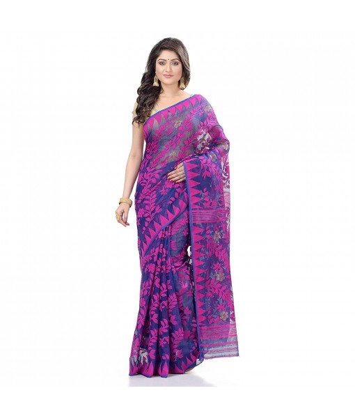 dB Desh Bidesh Women`s Bengal Handloom Tant Soft Dhakai Jamdani Cotton Saree Whole Body Design (Purple Deep Blue)