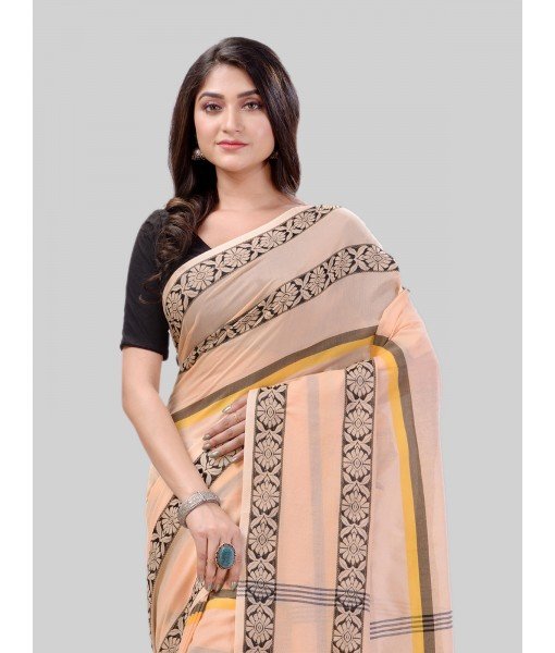 DESH BIDESH Women` Pure Handloom Cotton Saree Pushpapatra Design With Blouse Piece (Cream)