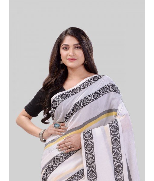 DESH BIDESH Women` Pure Handloom Cotton Saree Pushpapatra Design With Blouse Piece (White)