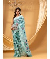 Rangabati Resham Dhakai Jamdani Bengal Pure Cotton Handloom Saree without Blouse Piece (Firoza)