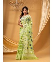 Rangabati Resham Dhakai Jamdani Bengal Pure Cotton Handloom Saree without Blouse Piece (Green)