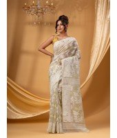 Rangabati Resham Dhakai Jamdani Pure Cotton Handloom Saree without Blouse Piece (Off White)