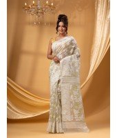 Rangabati Resham Dhakai Jamdani Pure Cotton Handloom Saree without Blouse Piece (Off White)