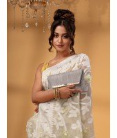 Rangabati Resham Dhakai Jamdani Pure Cotton Handloom Saree without Blouse Piece (Off White)