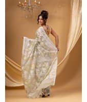 Rangabati Resham Dhakai Jamdani Pure Cotton Handloom Saree without Blouse Piece (Off White)