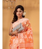  Rangabati Resham Dhakai Jamdani Bengal Pure Cotton Handloom Saree without Blouse Piece (Orange)