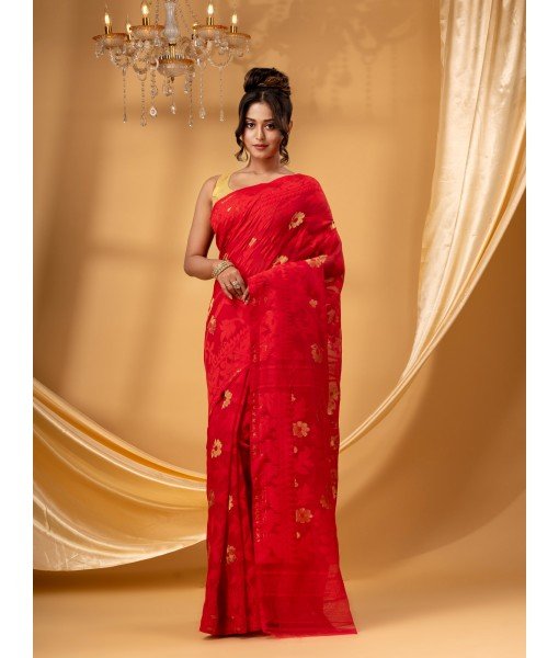 Rangabati Resham Dhakai Jamdani Pure Cotton Handloom Saree without Blouse Piece (Red)