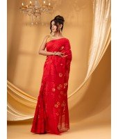 Rangabati Resham Dhakai Jamdani Pure Cotton Handloom Saree without Blouse Piece (Red)