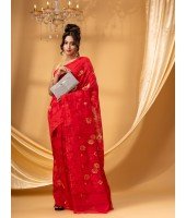 Rangabati Resham Dhakai Jamdani Pure Cotton Handloom Saree without Blouse Piece (Red)