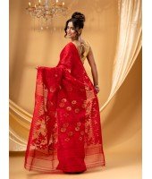 Rangabati Resham Dhakai Jamdani Pure Cotton Handloom Saree without Blouse Piece (Red)