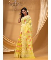 Rangabati Resham Dhakai Jamdani Pure Cotton Handloom Saree without Blouse Piece (Yellow)