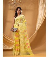 Rangabati Resham Dhakai Jamdani Pure Cotton Handloom Saree without Blouse Piece (Yellow)