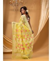 Rangabati Resham Dhakai Jamdani Pure Cotton Handloom Saree without Blouse Piece (Yellow)