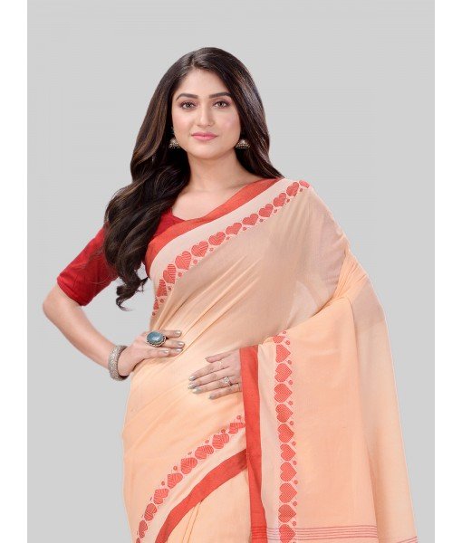 DESH BIDESH Women`s Traditional Bengali Tant Handloom Cotton Saree Royel Loveria Design With Blouse Piece (Cream Red)